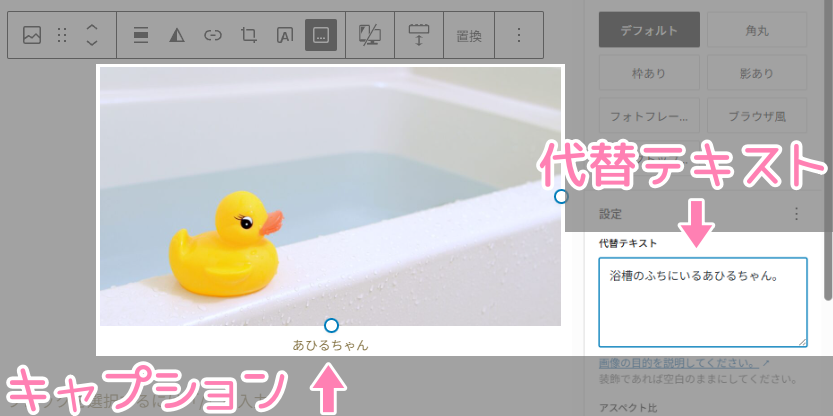 キャプションと代替テキストの例。