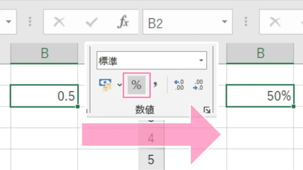「Excel」パーセントスタイルを設定した例。