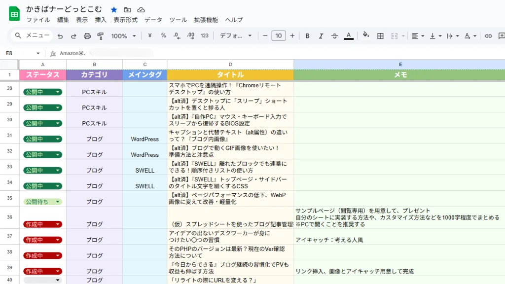 実際に使用している記事管理シート。