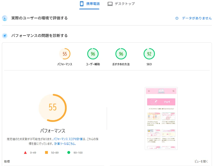 携帯画面のサイトパフォーマンス評価55。