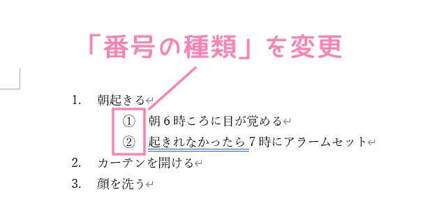 「Word」段落番号の種類を変更した例。