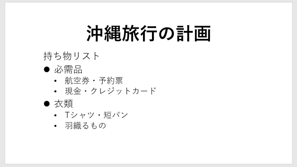 PowerPointで箇条書きのレベルを変更した例。