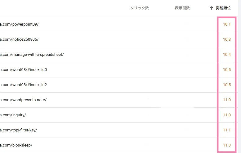掲載順位10位以下のページが表示された例。