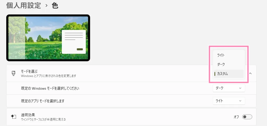 Windowsデフォルトの「カスタム」設定。