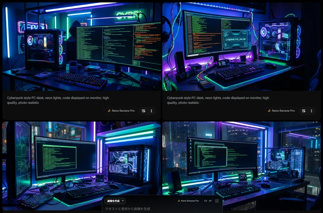 Flowで生成した、サイバーパンクな雰囲気のPCデスクの画像。